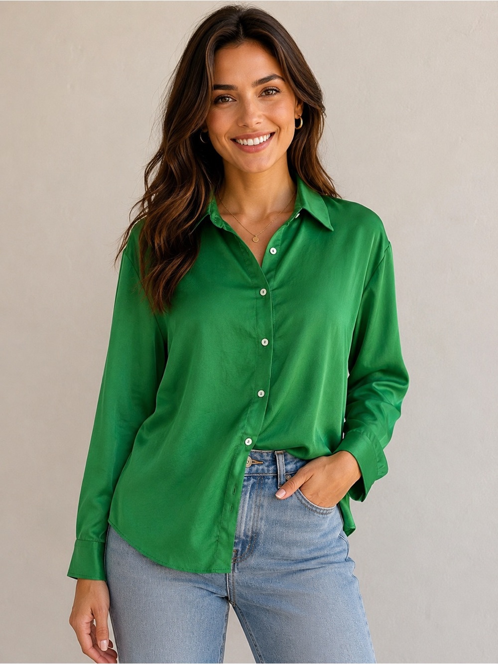 ZARA || Emerald Green Satin Button-Down Shirt. Sz. L